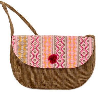 Cotton shoulder bag, 'Geometry in Rose' - Maya Handwoven Brown and Pink Flap Shoulder Bag