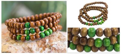 Men's wood beaded bracelets, 'Green on Brown Spirituality' (set of 3) - Men's Handcrafted Wood Bead Stretch Bracelets (Set of 3)