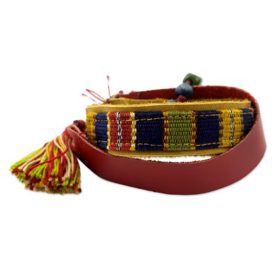 Leather and cotton wrap bracelet, 'Fire and Earth' - Handmade Bracelet in Leather and Cotton