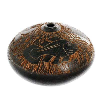 Ceramic decorative vase, 'Marine Voyage' - Hand Crafted Etched Decorative Ceramic Vase from Nicaragua