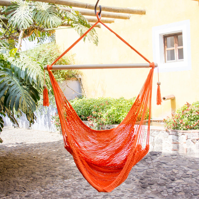 Cotton hammock swing, 'Tropical Tangerine' - Handcrafted Orabge Cotton Hammock Swing