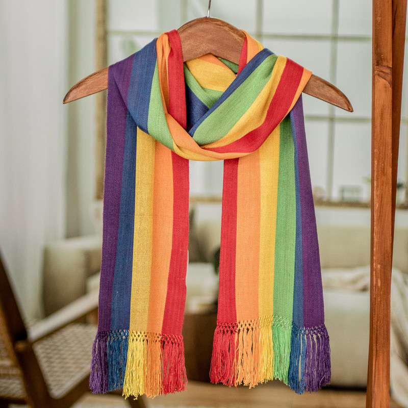 Hand Woven Rayon Scarf, 'Solola Rainbow'