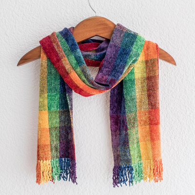 Rayon chenille scarf, 'Gift of the Rainbow' - Guatemalan Rainbow coloured Bamboo Chenille Scarf