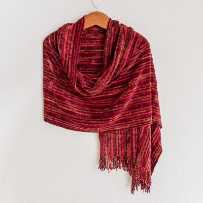 Rayon chenille shawl, 'Crimson Fantasy' - Guatemalan Handcrafted Rayon Chenille Shawl