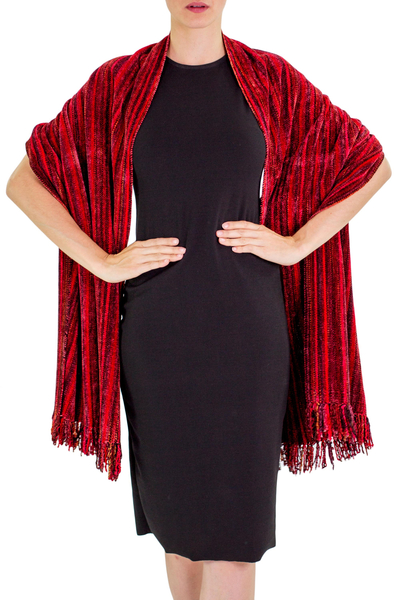 Rayon chenille shawl, 'Crimson Fantasy' - Guatemalan Handcrafted Rayon Chenille Shawl