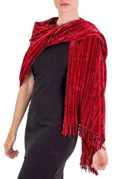 Rayon chenille shawl, 'Crimson Fantasy' - Guatemalan Handcrafted Rayon Chenille Shawl