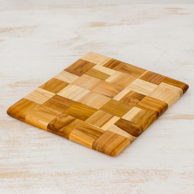 Teak cutting board, 'Puzzle' - Wood Mosaic Cutting Board