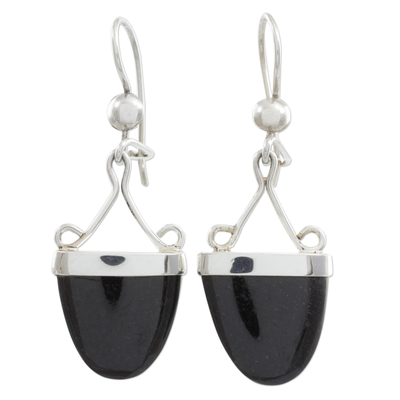 Black jade dangle earrings, 'Power of Life' - Artisan Crafted Black Jade and Sterling Silver Earrings
