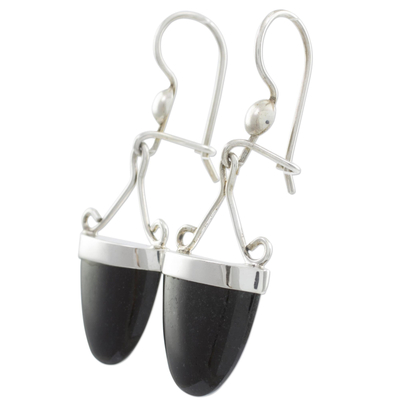 Black jade dangle earrings, 'Power of Life' - Artisan Crafted Black Jade and Sterling Silver Earrings