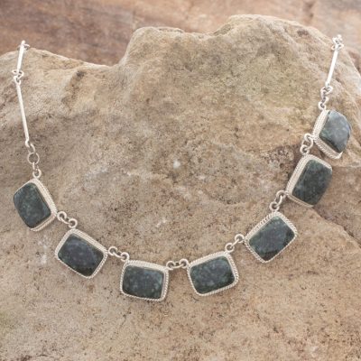 Dark green jade pendant necklace, 'Maya Forest Princess' - Dark Green Jade Necklace Silver Artisan Jewelry