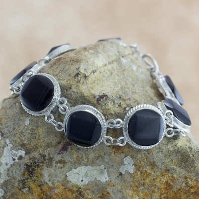 Black jade link bracelet, 'Square Circle' - Artisan Crafted Black Jade and Sterling Silver Bracelet