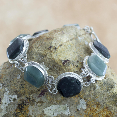 Jade link bracelet, 'Ya'ax Chich Enigma' - Light and Dark Green Jade Bracelet Silver Artisan Jewelry