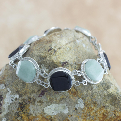 Jade link bracelet, 'Ya'ax Chich Mystery' - Black and Green Jade Bracelet Silver Artisan Jewelry