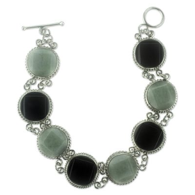Jade link bracelet, 'Ya'ax Chich Mystery' - Black and Green Jade Bracelet Silver Artisan Jewelry