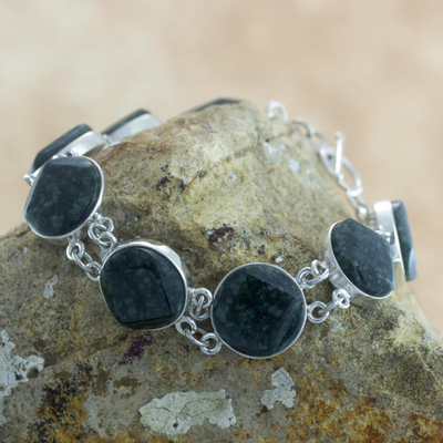 Jade link bracelet, 'Night Forest' - Artisan Crafted Black Jade and Sterling Silver Bracelet