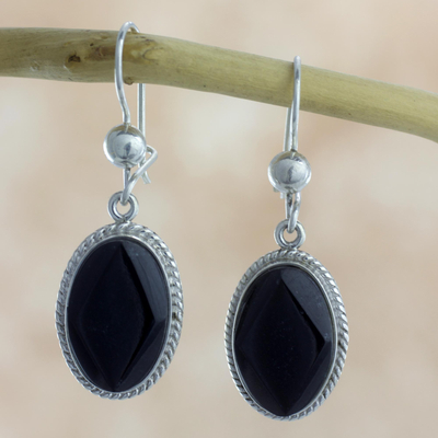 Jade dangle earrings, 'Ya'ax Chich Mystique' - Black Jade Earrings Sterling Silver Artisan Jewelry
