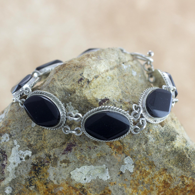 Jade link bracelet, 'Ya'ax Chich Mystique' - Black Jade Bracelet Sterling Silver Artisan Jewelry