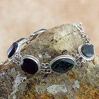 Jade link bracelet, 'Ya'ax Chich Duality' - Black  and Green Jade Bracelet Silver Artisan Jewelry