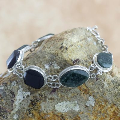 Jade link bracelet, 'Ya'ax Chich Duality' - Black and Green Jade Bracelet Silver Artisan Jewelry