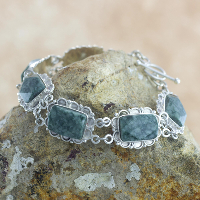 Jade link bracelet, 'Zinnia' - Artisan Crafted Jade and Sterling Silver Bracelet