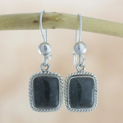 Jade dangle earrings, 'Divine Darkness' - Handmade Guatemalan Dark Green Jade Earrings
