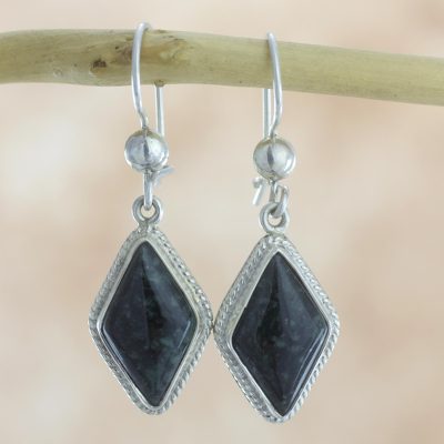 Jade dangle earrings, 'Dark Diamond' - Guatemalan Dark Green Jade Earrings