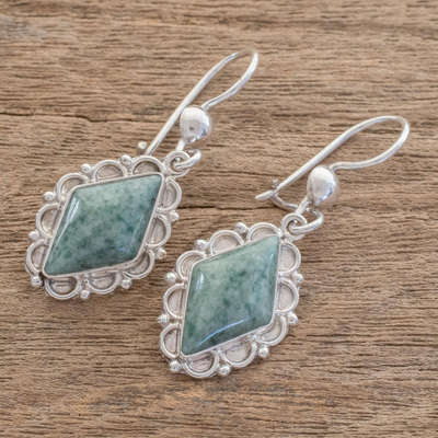 Jade dangle earrings, 'Diamond Dahlia' - Guatemalan Light Green Jade Earrings