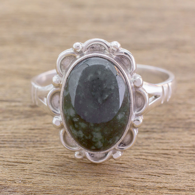Jade cocktail ring, 'Dark Dahlia' - Guatemalan Hand Crafted Dark Green Jade Ring