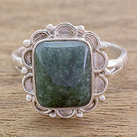 Jade cocktail ring, 'Maya Zinnia' - Guatemalan Dark Green Jade Cocktail Ring