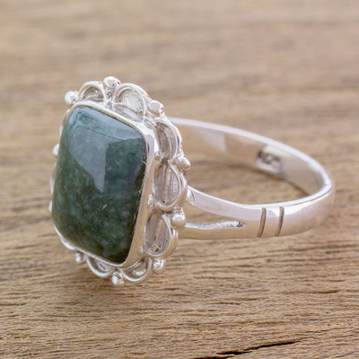 Jade cocktail ring, 'Maya Zinnia' - Guatemalan Dark Green Jade Cocktail Ring