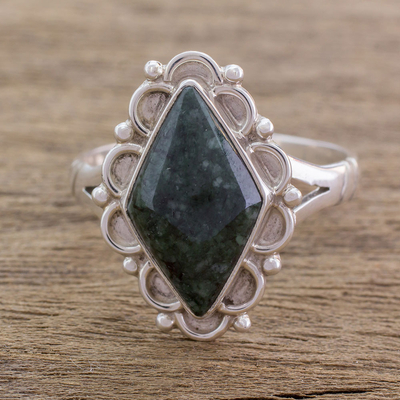 Jade cocktail ring, 'Dark Diamond Dahlia' - Guatemalan Handcrafted Dark Green Jade Ring