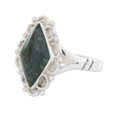 Jade cocktail ring, 'Dark Diamond Dahlia' - Guatemalan Handcrafted Dark Green Jade Ring