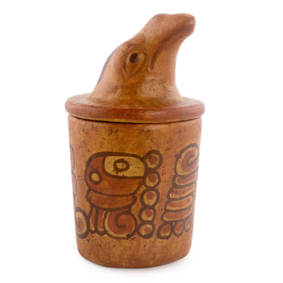Ceramic vessel, 'Pibil Falcon' (small) - Antiqued Ceramic Jar Maya Art