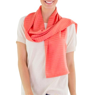 Cotton scarf, 'Tropical Fruits' - Handcrafted Orange Cotton Scarf