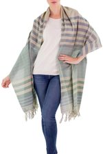 Cotton shawl, 'Verdant Comalapa Breeze' - Handwoven Striped Cotton Shawl