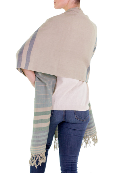 Cotton shawl, 'Verdant Comalapa Breeze' - Handwoven Striped Cotton Shawl