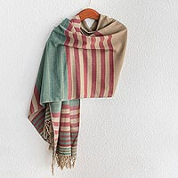 Cotton shawl, 'Maroon Comalapa Breeze' - Handwoven Striped Cotton Shawl