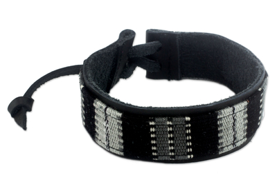 Men's leather and cotton wristband bracelet, 'Light of the Stars' - Men's Leather Black and Gray Handwoven Bracelet