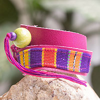 Leather and cotton wrap bracelet, 'Bright Jaguar' - Multicolor Backstrap Woven Cotton Wrap Bracelet