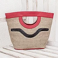 Jute Tote Bag, 'Fire Blossom' - Floral Jute Embroidered Shoulder Bag