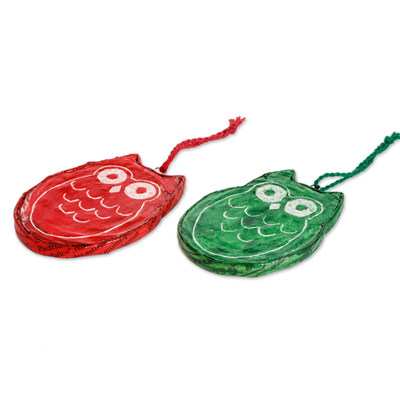 Recycled paper ornaments, 'Joyous Owls' (set of 4) - Artisan Crafted Recycled Paper Ornaments (set of 4)