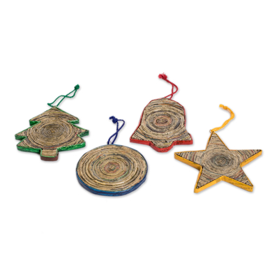 Recycled paper ornaments, 'Joyous Christmas' (set of 4) - Handcrafted Recycled Paper Christmas Ornaments (set of 4)