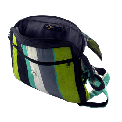 Cotton messenger bag, 'Luscious Green' - Handcrafted Cotton Messenger Bag Lined