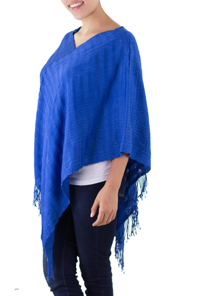 Cotton poncho, 'Organic Sea' - Organic Dyes Handwoven Dark Blue Cotton Poncho