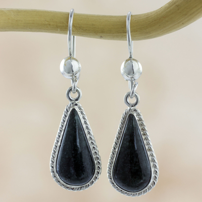 Jade dangle earrings, 'Dark Tear' - Artisan Crafted Sterling Silver Dark Jade Dangle Earrings
