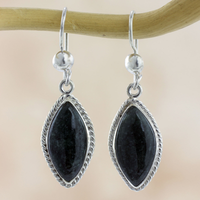 Jade dangle earrings, 'Dark Gaze' - Artisan Crafted Silver and Dark Jade Earrings