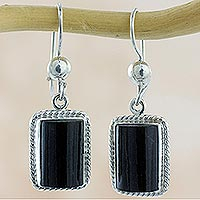 Black jade dangle earrings, 'Night Monument' - Handmade Guatemalan Black Jade Earrings
