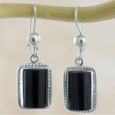 Jade dangle earrings, 'Night Monument' - Handmade Guatemalan Black Jade Earrings