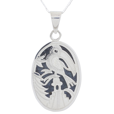Reversible jade pendant necklace, 'Tikal Toucan' - Artisan Crafted Maya Theme Dark Jade Necklace