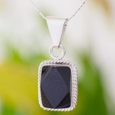 Black jade pendant necklace, 'Rainforest Night' - Sterling Silver Black Jade Pendant Necklace